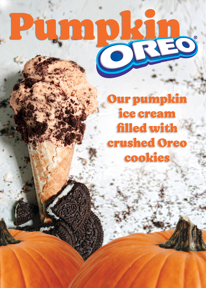 Pumpkin Oreo Ice Cream - our pumpkin ice cream filled with crushed Oreo cookies